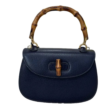 Gucci Bamboo 1947 Vintage Small Navy Grained Leather Top Handle Bag