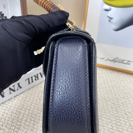 Gucci Bamboo 1947 Vintage Small Navy Grained Leather Top Handle Bag