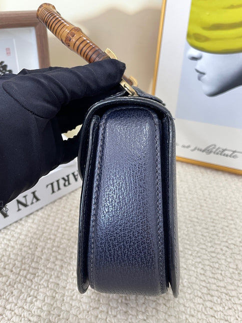 Gucci Bamboo 1947 Vintage Small Navy Grained Leather Top Handle Bag