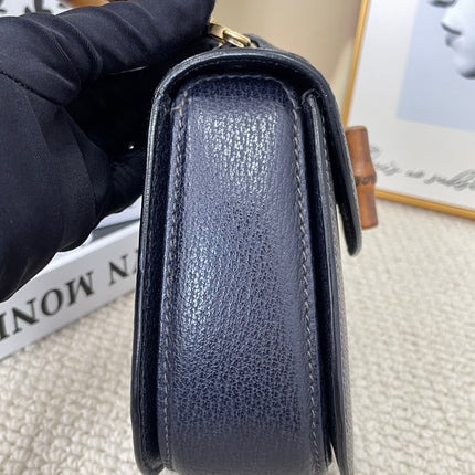 Gucci Bamboo 1947 Vintage Small Navy Grained Leather Top Handle Bag