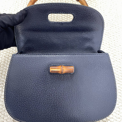 Gucci Bamboo 1947 Vintage Small Navy Grained Leather Top Handle Bag