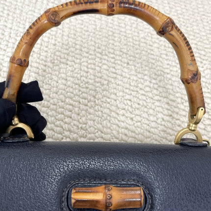 Gucci Bamboo 1947 Vintage Small Navy Grained Leather Top Handle Bag