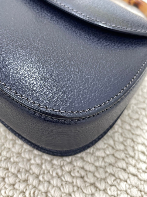 Gucci Bamboo 1947 Vintage Small Navy Grained Leather Top Handle Bag