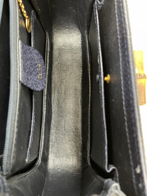 Gucci Bamboo 1947 Vintage Small Navy Grained Leather Top Handle Bag