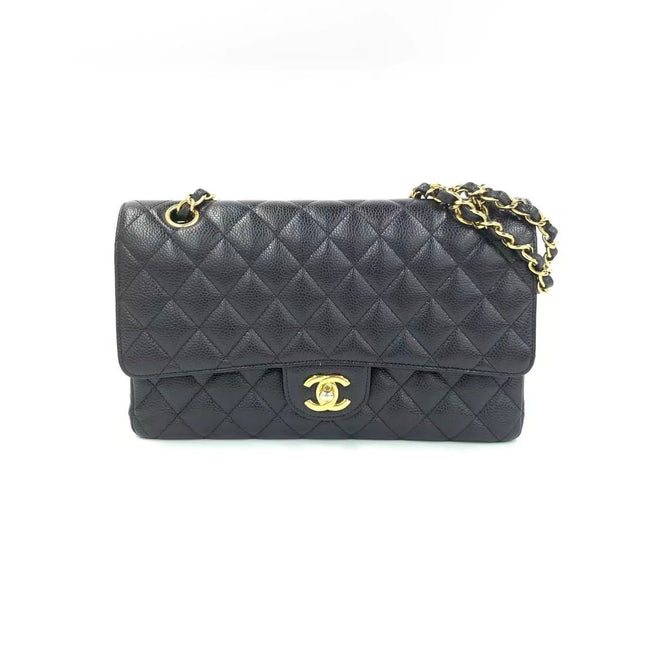 Chanel Classic Flap Medium Black Caviar Leather Double Flap Gold Hardware-Luxbags