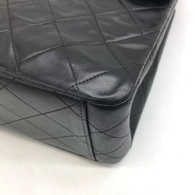 Chanel Classic Flap Large 1994 Vintage Black Lambskin Leather 24k Gold Plated Mega CC Logo