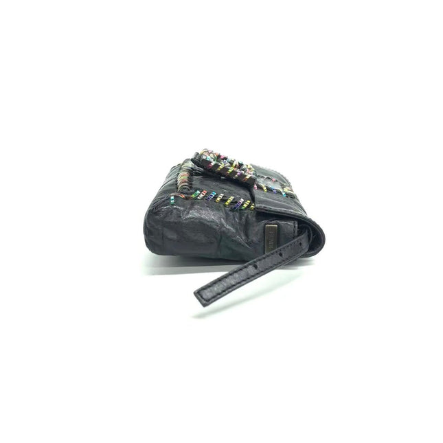 Fendi Baguette Mini Black Leather Multicolor Whipstitch Crossbody Bag