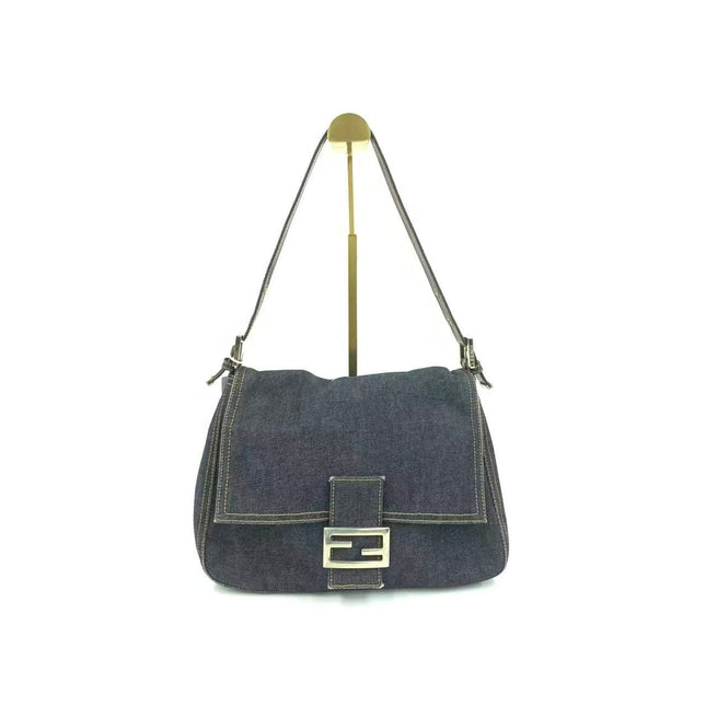 FENDI Mamma Baguette Navy Blue Denim Brown Leather Shoulder Bag-Luxbags