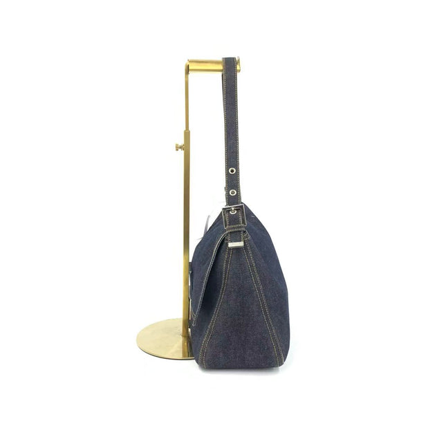 FENDI Mamma Baguette Navy Blue Denim Brown Leather Shoulder Bag