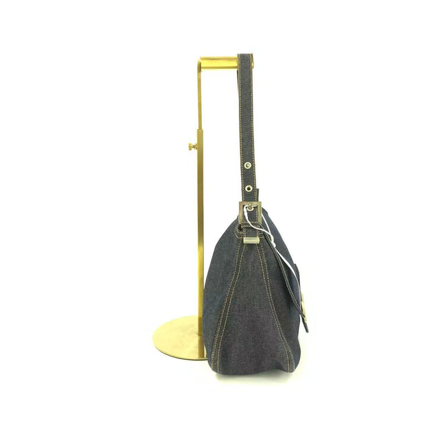 FENDI Mamma Baguette Navy Blue Denim Brown Leather Shoulder Bag