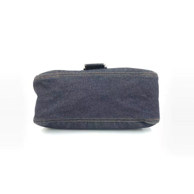 FENDI Mamma Baguette Navy Blue Denim Brown Leather Shoulder Bag