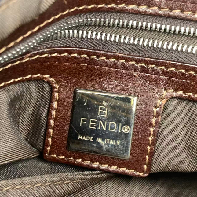 FENDI Mamma Baguette Navy Blue Denim Brown Leather Shoulder Bag