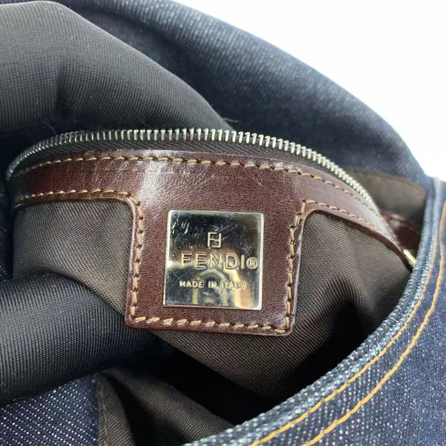 FENDI Mamma Baguette Navy Blue Denim Brown Leather Shoulder Bag