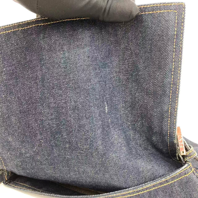 FENDI Mamma Baguette Navy Blue Denim Brown Leather Shoulder Bag