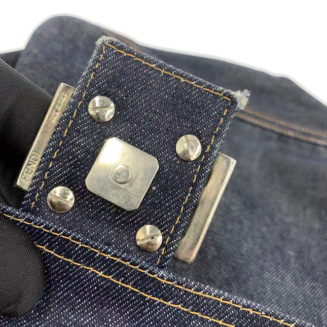 FENDI Mamma Baguette Navy Blue Denim Brown Leather Shoulder Bag