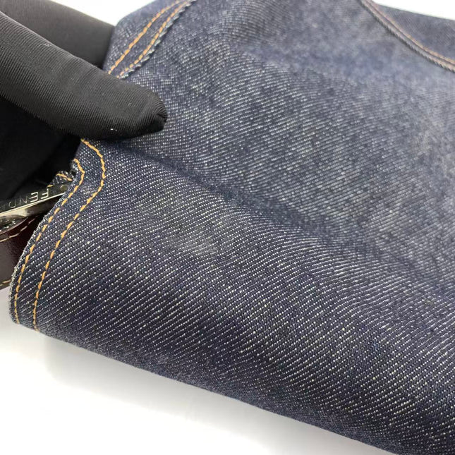 FENDI Mamma Baguette Navy Blue Denim Brown Leather Shoulder Bag