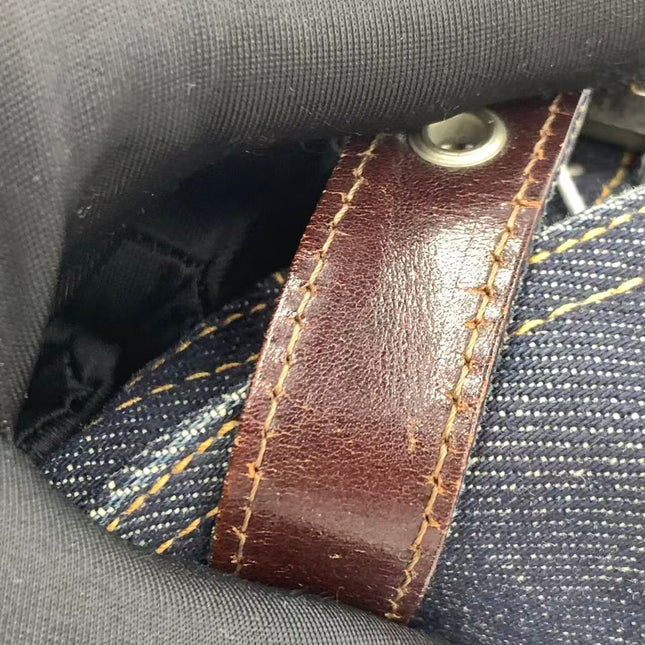 FENDI Mamma Baguette Navy Blue Denim Brown Leather Shoulder Bag