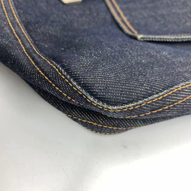 FENDI Mamma Baguette Navy Blue Denim Brown Leather Shoulder Bag