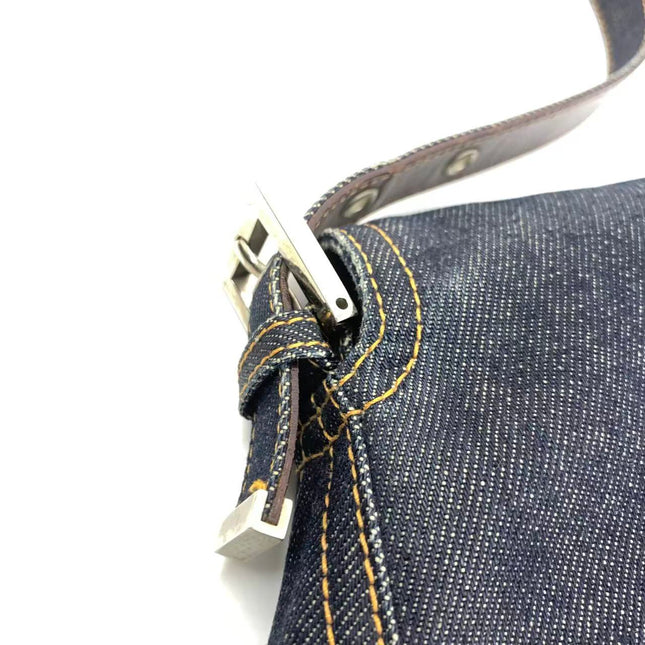 FENDI Mamma Baguette Navy Blue Denim Brown Leather Shoulder Bag