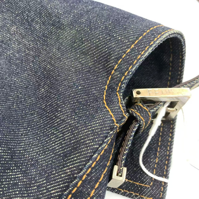 FENDI Mamma Baguette Navy Blue Denim Brown Leather Shoulder Bag