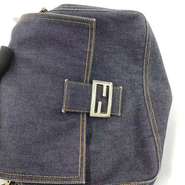 FENDI Mamma Baguette Navy Blue Denim Brown Leather Shoulder Bag