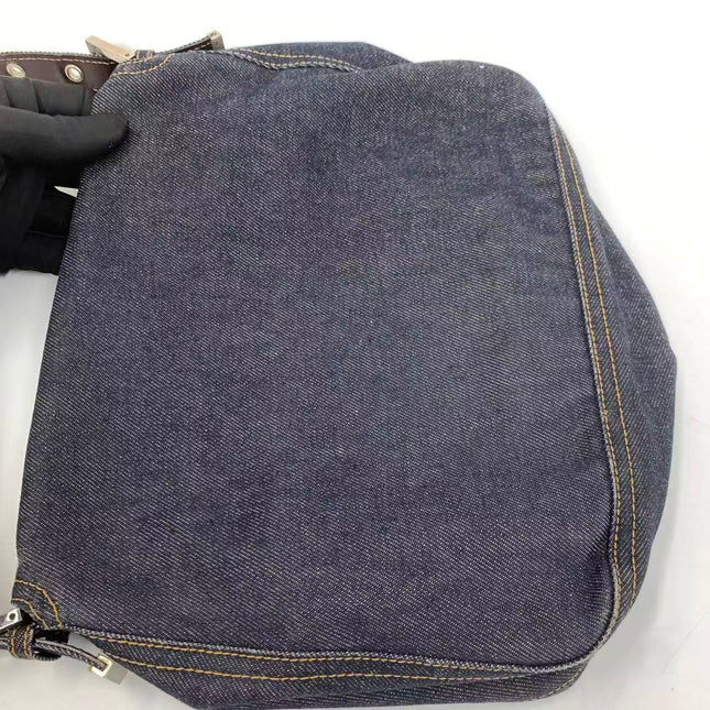 FENDI Mamma Baguette Navy Blue Denim Brown Leather Shoulder Bag