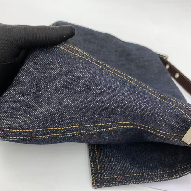 FENDI Mamma Baguette Navy Blue Denim Brown Leather Shoulder Bag