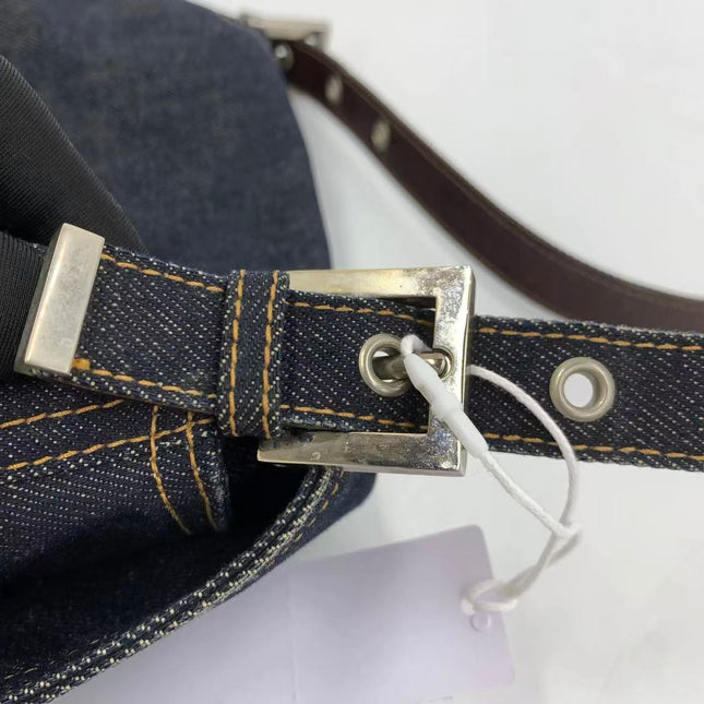 FENDI Mamma Baguette Navy Blue Denim Brown Leather Shoulder Bag