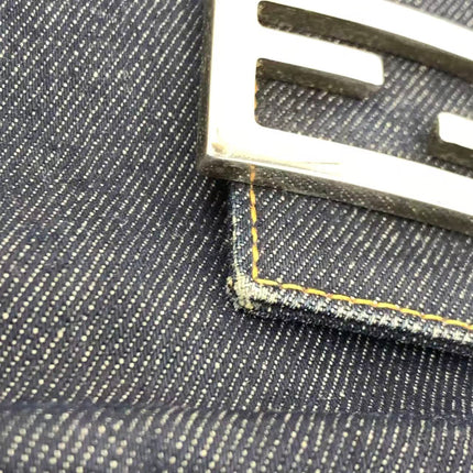 FENDI Mamma Baguette Navy Blue Denim Brown Leather Shoulder Bag