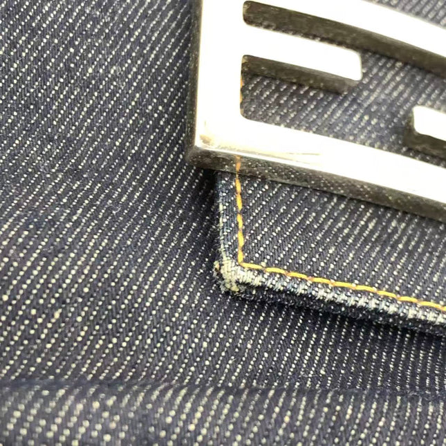 FENDI Mamma Baguette Navy Blue Denim Brown Leather Shoulder Bag