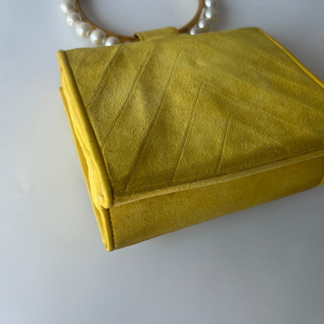 Chanel Vintage Yellow Suede Pearl Handle Clutch Evening Bag