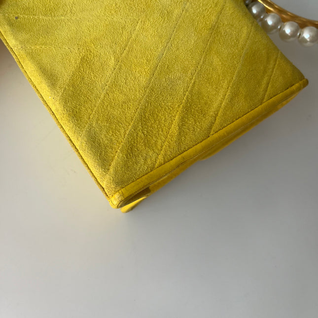 Chanel Vintage Yellow Suede Pearl Handle Clutch Evening Bag
