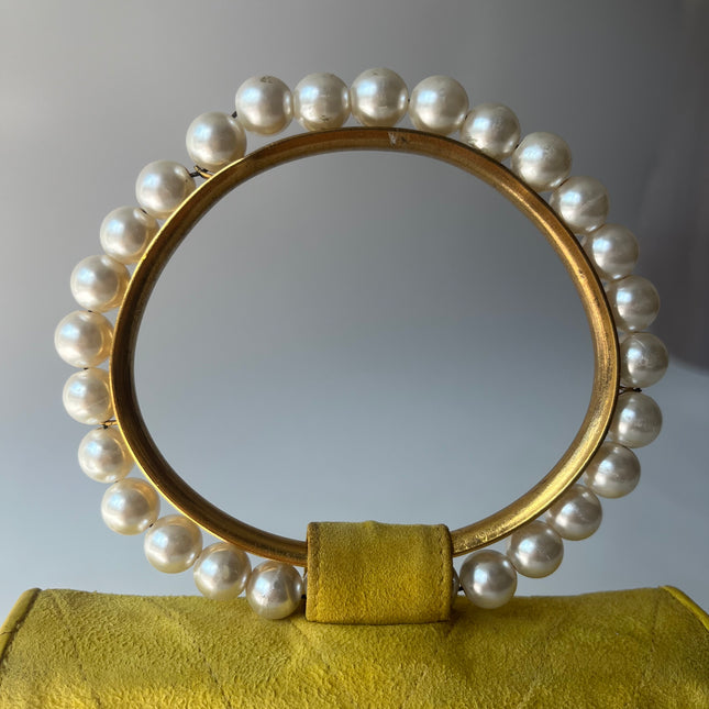 Chanel Vintage Yellow Suede Pearl Handle Clutch Evening Bag