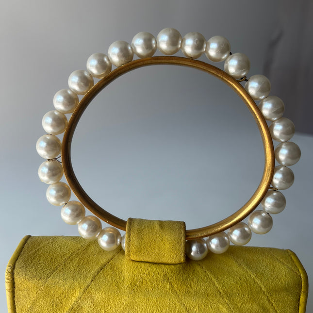 Chanel Vintage Yellow Suede Pearl Handle Clutch Evening Bag