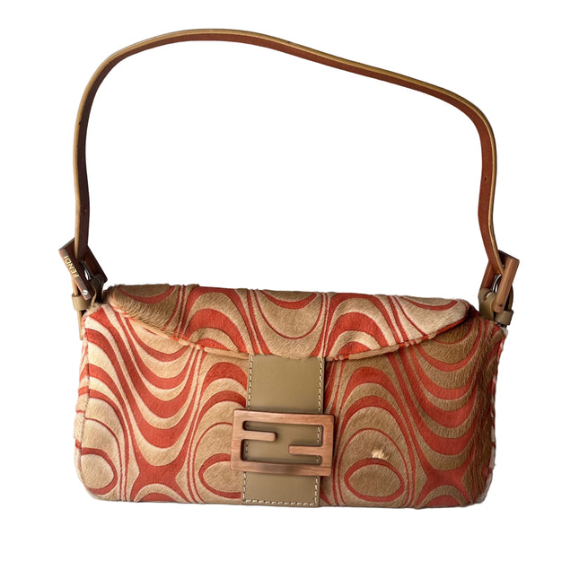 Fendi Baguette Vintage Pony Hair Coral Beige Psychedelic Swirl Print
