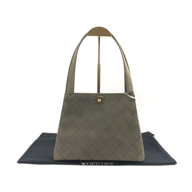 Chanel Kelly Top Handle Bag Olive Green Grey Suede Leather Gold Hardware