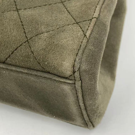 Chanel Kelly Top Handle Bag Olive Green Grey Suede Leather Gold Hardware