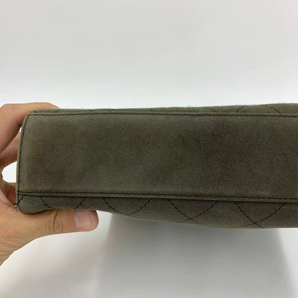 Chanel Kelly Top Handle Bag Olive Green Grey Suede Leather Gold Hardware