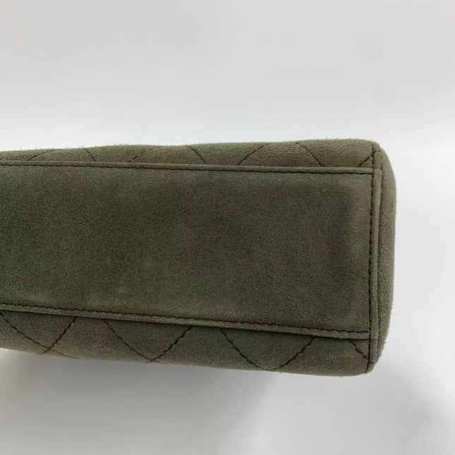 Chanel Kelly Top Handle Bag Olive Green Grey Suede Leather Gold Hardware