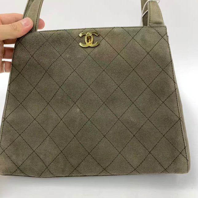 Chanel Kelly Top Handle Bag Olive Green Grey Suede Leather Gold Hardware