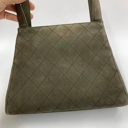 Chanel Kelly Top Handle Bag Olive Green Grey Suede Leather Gold Hardware