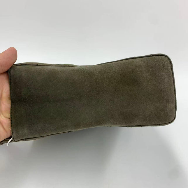 Chanel Kelly Top Handle Bag Olive Green Grey Suede Leather Gold Hardware