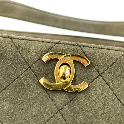 Chanel Kelly Top Handle Bag Olive Green Grey Suede Leather Gold Hardware