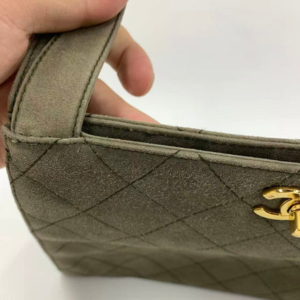 Chanel Kelly Top Handle Bag Olive Green Grey Suede Leather Gold Hardware