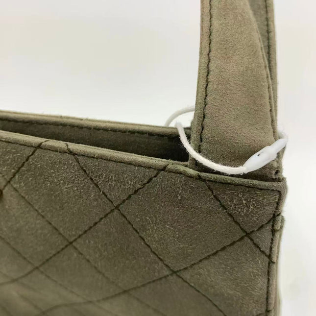 Chanel Kelly Top Handle Bag Olive Green Grey Suede Leather Gold Hardware