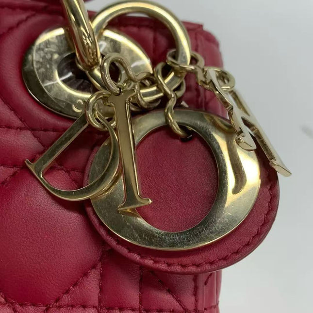 Lady Dior Mini Dark Red Lambskin Leather Gold Chain Strap