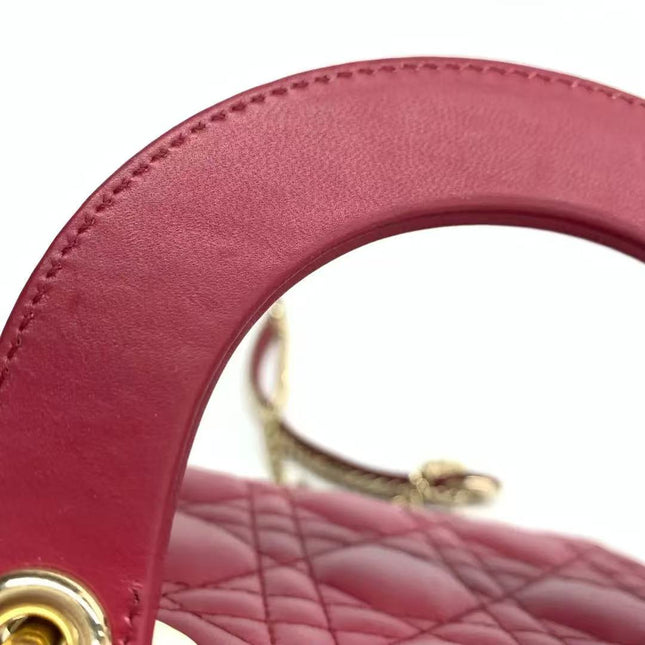 Lady Dior Mini Dark Red Lambskin Leather Gold Chain Strap