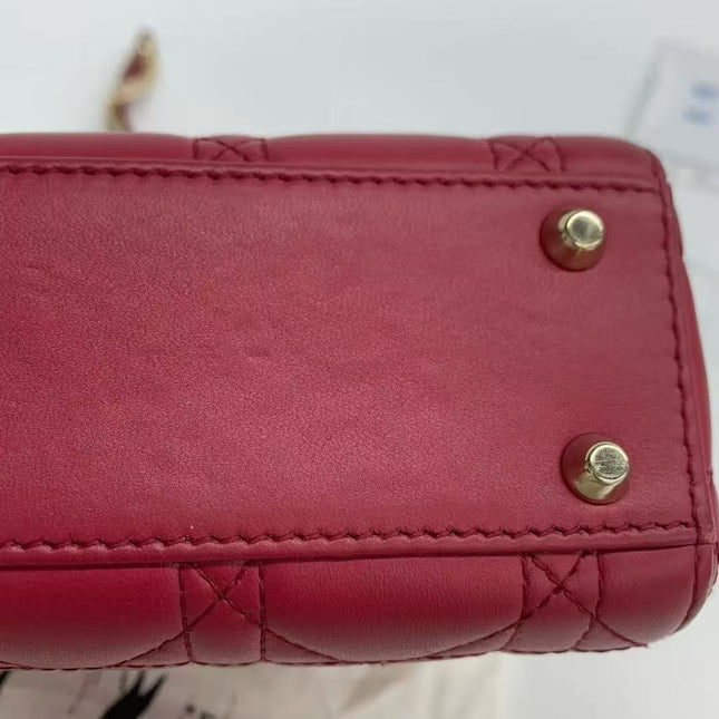 Lady Dior Mini Dark Red Lambskin Leather Gold Chain Strap
