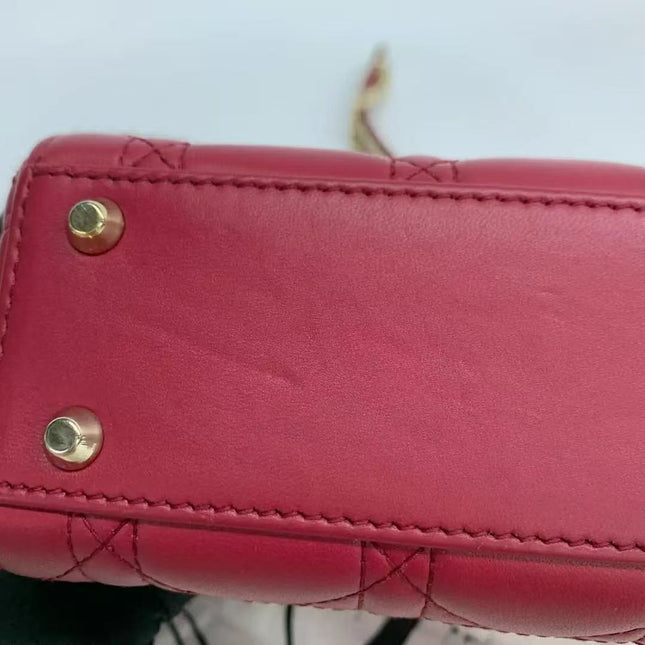 Lady Dior Mini Dark Red Lambskin Leather Gold Chain Strap