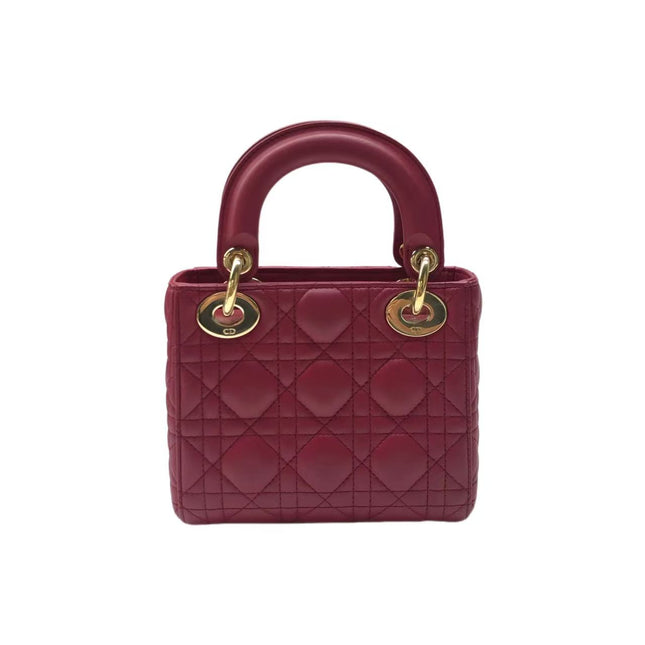Lady Dior Mini Dark Red Lambskin Leather Gold Chain Strap